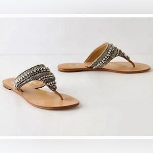 Anthropologie Mercury Bead Slides Silver Beaded Boho Leather Sandal size 8